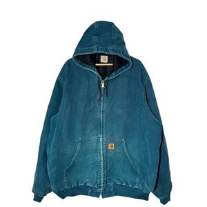 Vintage CARHARTT J25 DTL Dark Teal Canvas Thermal Lined Hooded Work Jacket 2X